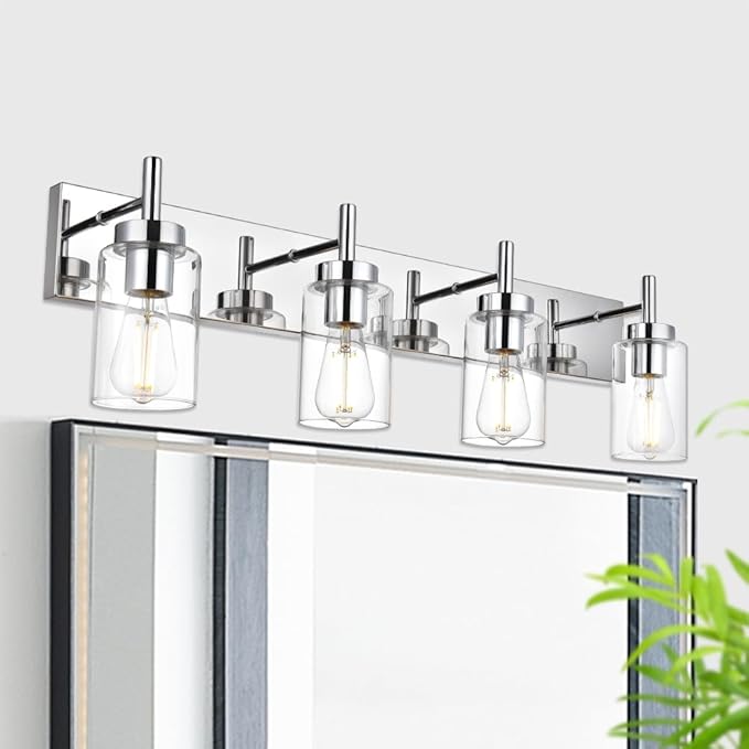 VINLUZ Modern Bathroom Lighting with Clear Glass Shade 4-Light Vanity Light Fixtures Chrome Finished Industrial Wall Light Sconces for Bedroom Hallway (Patent No.: US D958,438 S)