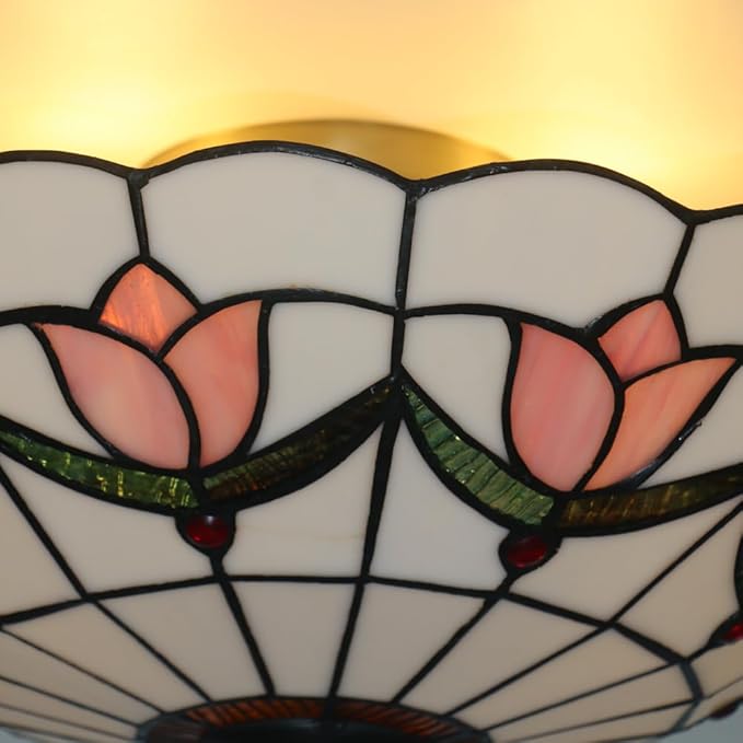 16 Inch Tiffany Style Stained Glass Ceiling Light Flush Mount Ceiling Light Vintage Chandeliers Pendent Light Fixtures (16 Inch Pink)