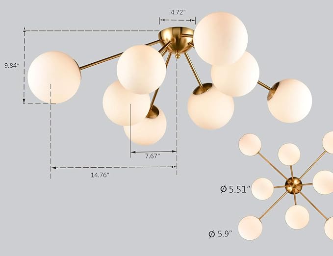 HOLKIRT Elegant Modern Globe Semi Flush Mount Ceiling Light, 8 Light Mid Century Sputnik Chandeliers Fixture