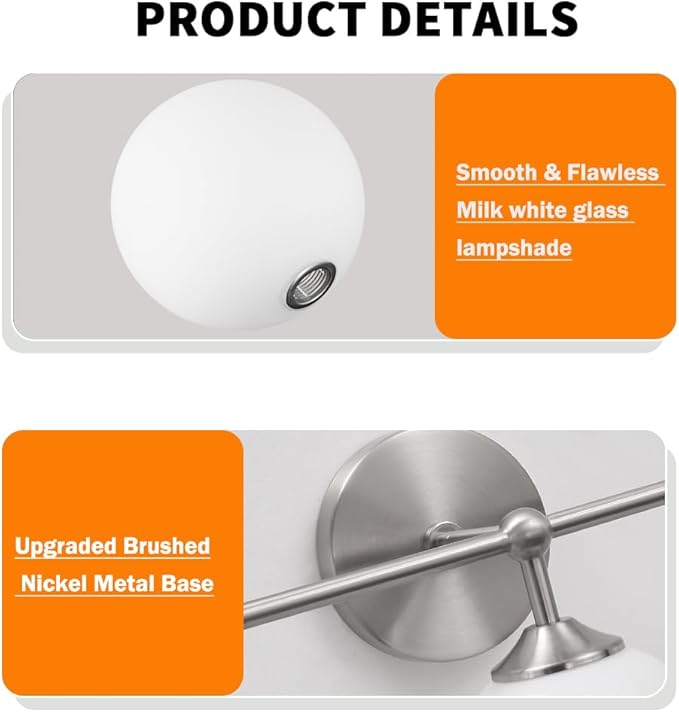 Elagant Modern Brushed Nickel Bathroom Vanity Lights, 3-Lights Bathroom Light Fixtures with Milky White Globe Glass Shade, Bathroom Wall Sconces Light over Mirror Dressing Table Bedroom Living Room