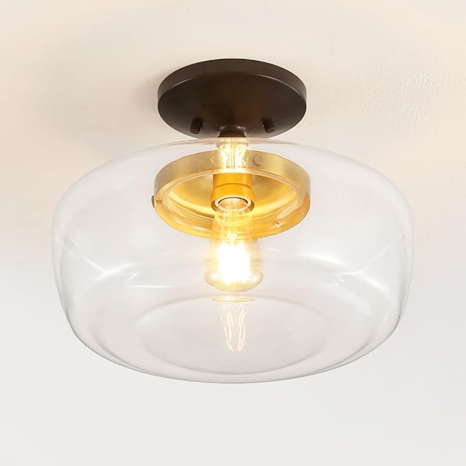 JONATHAN Y 14" Oil Rubbed Bronze/Brass Gold Modern Farmhouse LED Flush Mount Light Fixture, Clear Glass Shade, Rustic Industrial Schoolhouse Lamp for Kitchen Hallway Bedroom (JYL7517E)