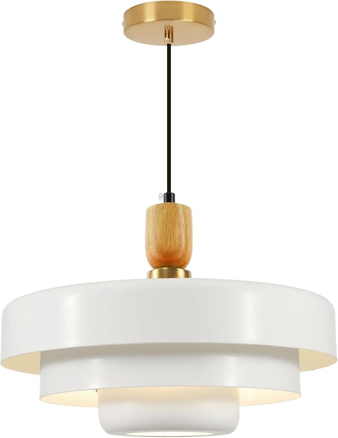 Mid Century Pendant Light with Wood & Brass, 3-Layer White Metal Shade, Nordic Flush Mount Ceiling Lamp for Kitchen Table Over Sink, Vintage Hanging Fixture