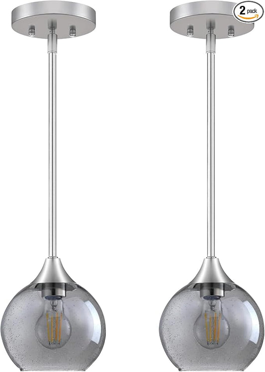 Pendant Lights Kitchen Island 2 Pack, Grey Seeded Glass Pendant Light Fixtures & Adjustable Rods, Brushed Nickel Kitchen Island Lighting, Modern Island Lights for Kitchen Dining Room E26 Base