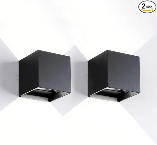 Mille Lucciole 2 Pack LED Outdoor Wall Lights Exterior/Interior, Up and Down Lights IP65 Waterproof Wall Sconces, Square Aluminum Outdoor Wall Lighting Fixtures, Modern Black 12W 6500K Cold Lights