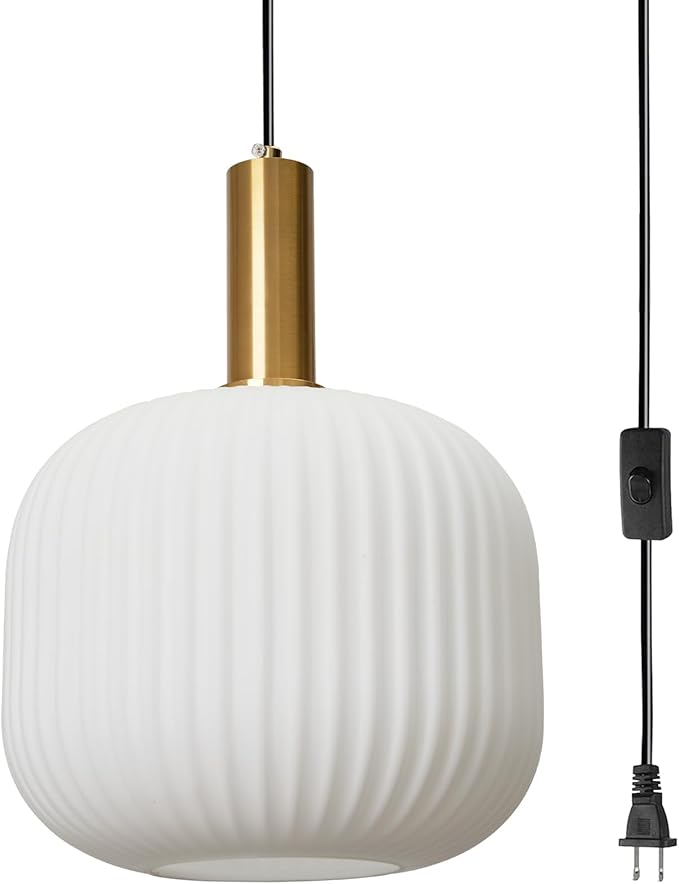 Plug in Pendant Light with Cord, 9.8" Milk Glass Hanging Light Fixture, White Ribbed Globe Swag Lamp with On/Off Switch, Mid-Century Modern Hanging Lamp for Bedroom, Kitchen, Dining Room
