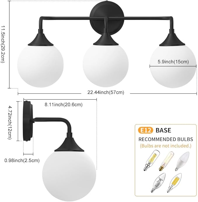 Black Bathroom Light Fixtures, Modern Vanity Lighting Over Mirror, Mid Century Modern Matte Black Wall Sconce 3-Light with Milky White Glass Ball Shades
