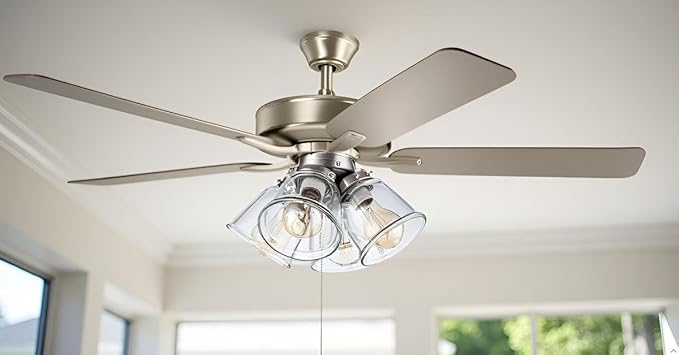 Aspen Creative 22016-1, Four-Light Ceiling Fan Light Kit with Pull Chain, Brushed Nickel Finish with Clear Glass Shades, 13-1/8" Diameter x 6-3/4" Height