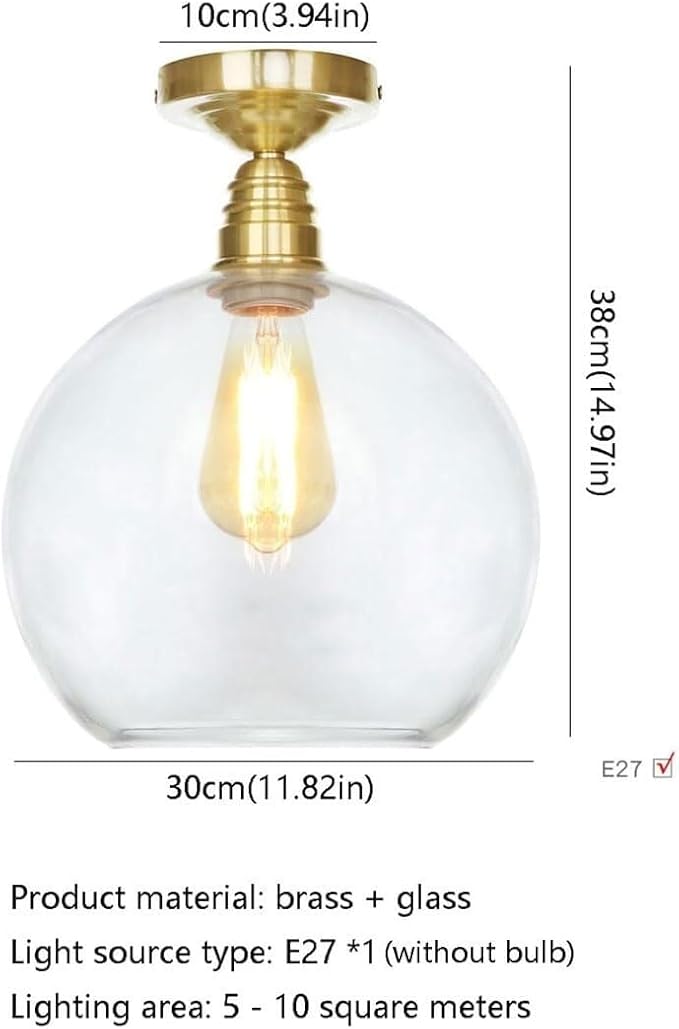 Modern Brass Semi-Flush Mount Ceiling Light, 1-Light Glass Shade Ceiling Lighting, Minimalist Home Kitchen Close to Ceiling Lamp，Nordic Bedroom Entryway Ceiling Light Fixture(Cognac,30CM)