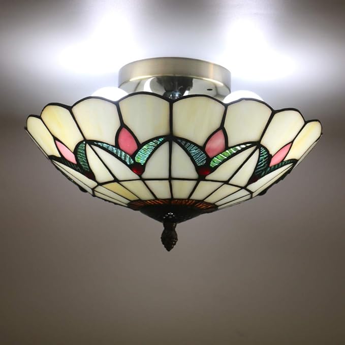 12 Inch Vintage Chandeliers Light Tiffany Style Ceiling Light Fixture Stained Glass Flower Flush Mount Ceiling Lighting Fixtures Lamps
