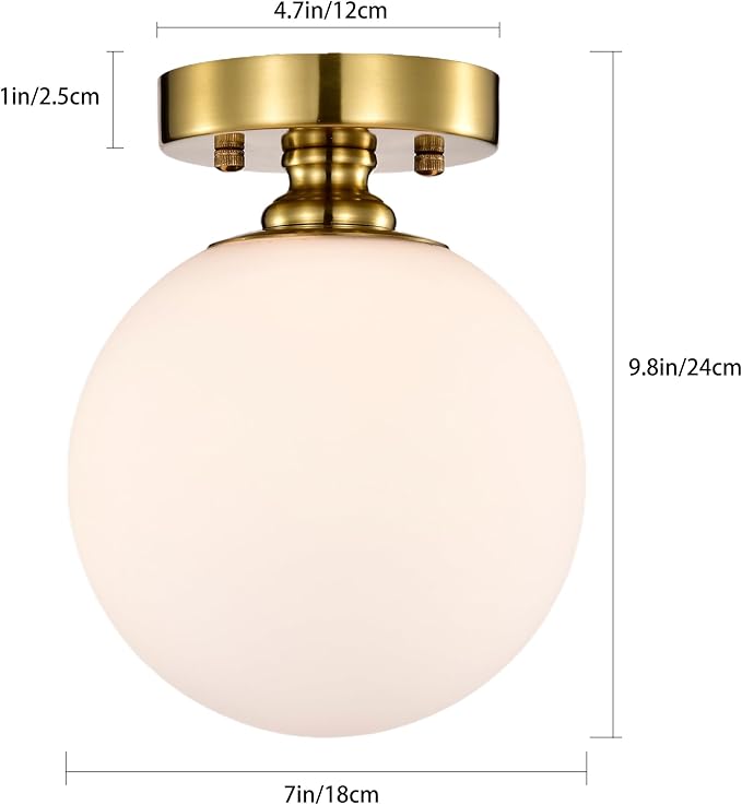 Alighting Gold Semi Flush Mount Ceiling Light – 7" Opal Glass Globe, Mid-Century Modern Ceiling Light Fixture for Bedroom, Bathroom, Closet, Hallway, Entryway – Easy to Install
