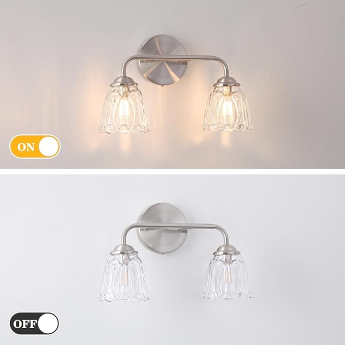 Daunton Vintage Bathroom Vanity Light, Brushed Nickel Vanity Lights Over Mirror, 2-Light Elegant Bathroom Light Fixture with Flower Glass Shade, Wall Sconce Lighting for Bedroom Lining Room