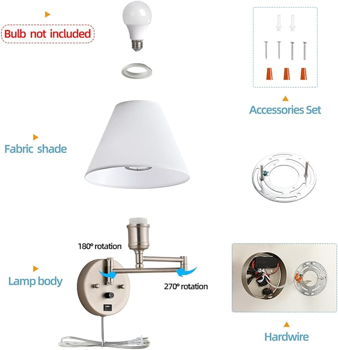 Swing Arm Wall Sconces, Plug-in Wall lamp,Bedroom Wall lamp ， White Fabric Shade，，with dimmable Switch and USB Charging Port, Suitable for Bedside, Living Room, Reading (Nickel)