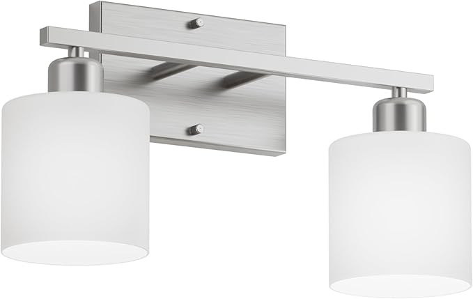 Bathroom Vanity Light Fixture Over Mirror with Brushed Nickel, Modern 2-Light Wall Sconces Lighting for Bedroom,Living Room,Decor White Glass Shades,E26 Standard Base,Bulbs Not Included