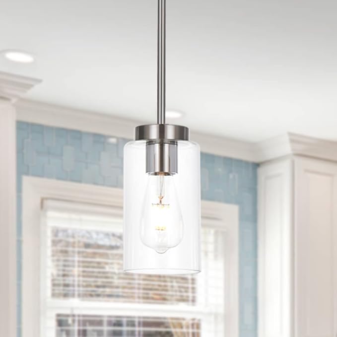 VINLUZ One Light Chandeliers Modern Clear Glass Pendant Lighting Brushed Nickel Dining Room Lighting Fixtures Hanging Contemporary Lamp Semi Flush Mount Ceiling Lights