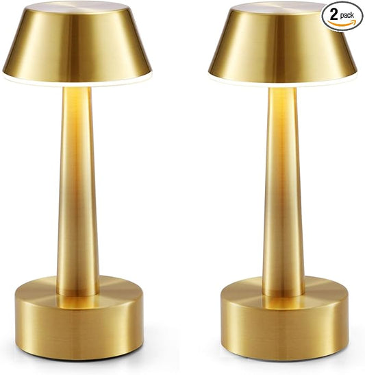 2 Pack Small Cordless Table Lamp, Battery Operated Gold Lamp for Restaurant Dinner Table, Rechargeable 3-Way Dimmable Touch Light Portable Metal Night Light for Bedside Dining Room Patio Bar Outdoor