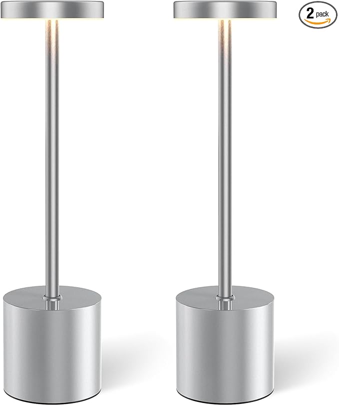 Silver Cordless Table Lamp Set of 2, 5000mAh Rechargeable Lamp with Touch Control & Stepless Dimming, 3 Light Modes, IP54 Waterproof Portable Light for Dining Table, Patio, Bathroom, Power Outage
