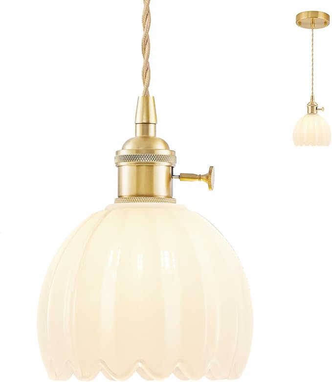 Mini Pendant Lights Kitchen Island, Small Adjustable Pendant Light Fixture with Milk White Tulip Glass Lampshade, Vintage Gold Pendant Lighting, Pendant Light for Bedroom Dining Room Hallway