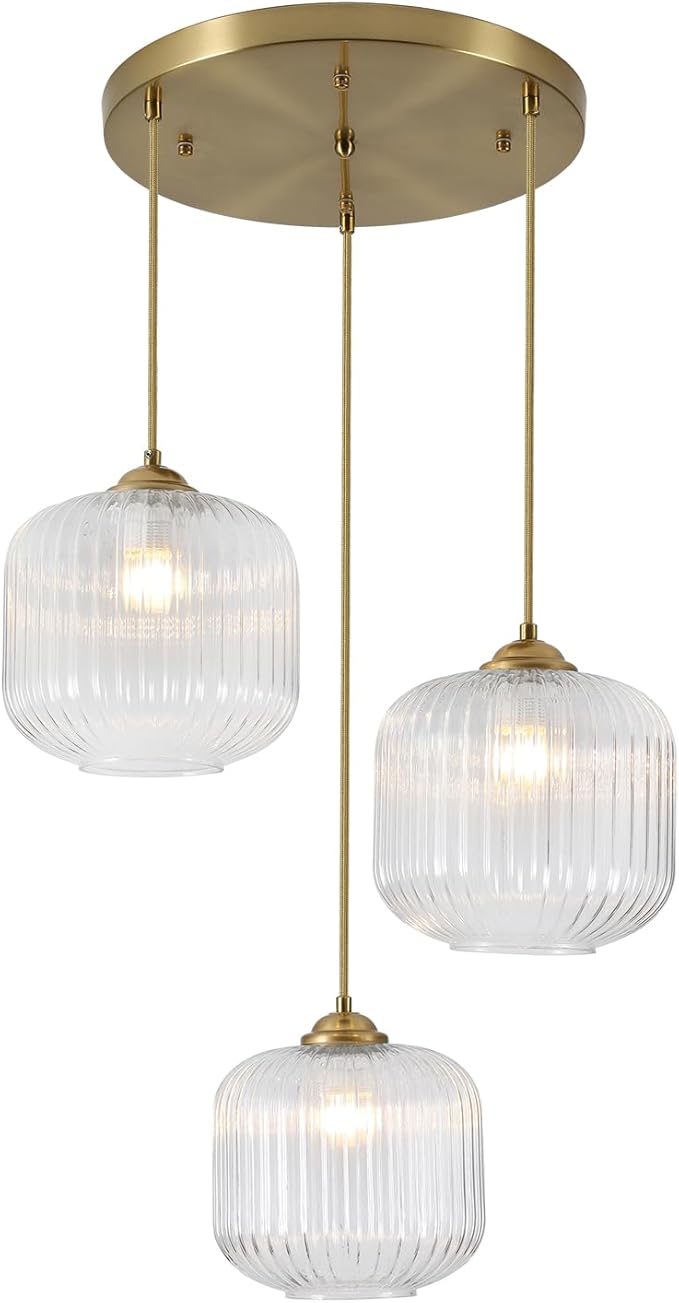 3 Light Hanging Pendant Light Fixture Brushed Gold Modern Pendant Cluster Lights Kitchen Island Industrial Adjustable Hanging Dining Room Lighting Clear Glass Cluster Chandeliers MPL30-3C