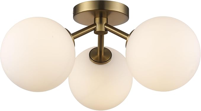 Prismara 16 Inch 3-Light Ceiling Light | Antique Gold Finish with Opal Glass Shades | Uses 3 E-12 Candelabra Base Dimmable Bulbs | Modern Flush Mount Light (Gold)