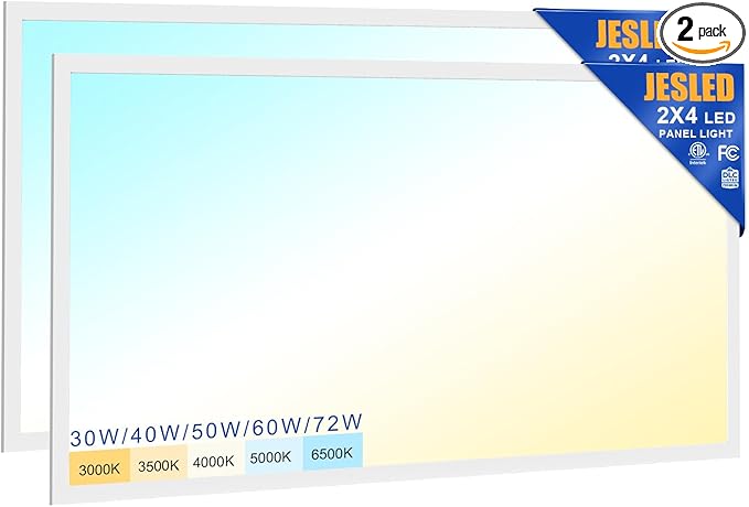 JESLED 2Pack 2x4 led Flat Panel Light, 10800LM, Drop Ceiling Lights Fixture for Office Shop Garage Basement Laundry, 30W/40W/50W/60W/72W Selectable, 5CCT Switchable, 0-10V Dimmable, DLC ETL Listed