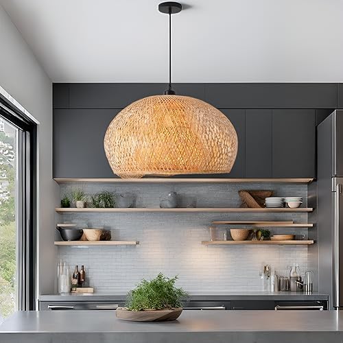 23.6" Bamboo Pendant Light Hand-Woven Rattan Hanging Lamp Boho Bamboo Chandelier for Dining Living Bedroom Kitchen Farmhouse