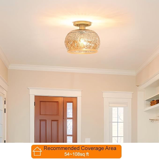 Brushed Brass Semi Flush Mount Ceiling Light with Amber Globe Glass Shade, Modern Hallway Lighting Fixtures, Vintage Ceiling Light for Kitchen, Bedroom, Closet, Entryway, Porch