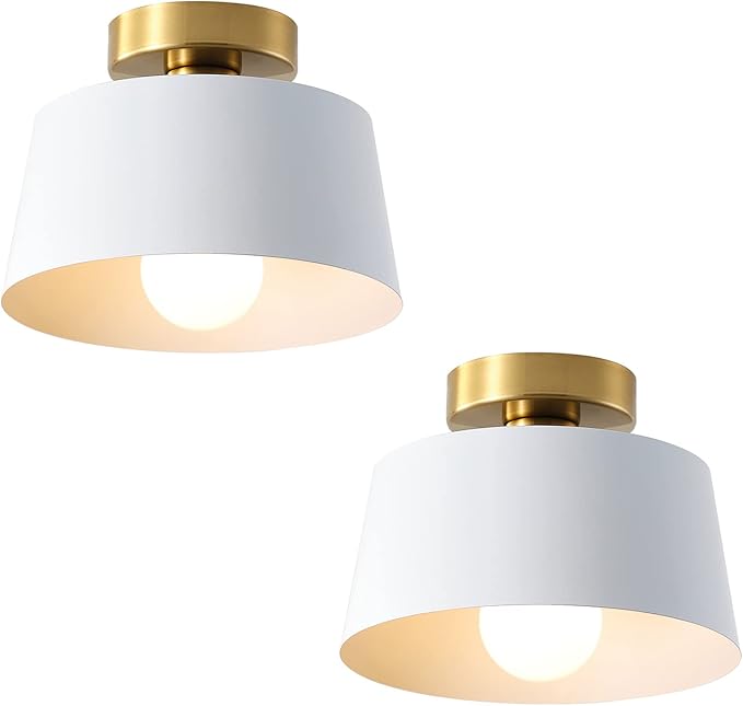 Ceiling Light Fixture, Hallway Ceiling Light with Gold Plate and White Shade, Modern Simple Style Porch Light Fixtures Semi Flush Mount (2 Pack White)