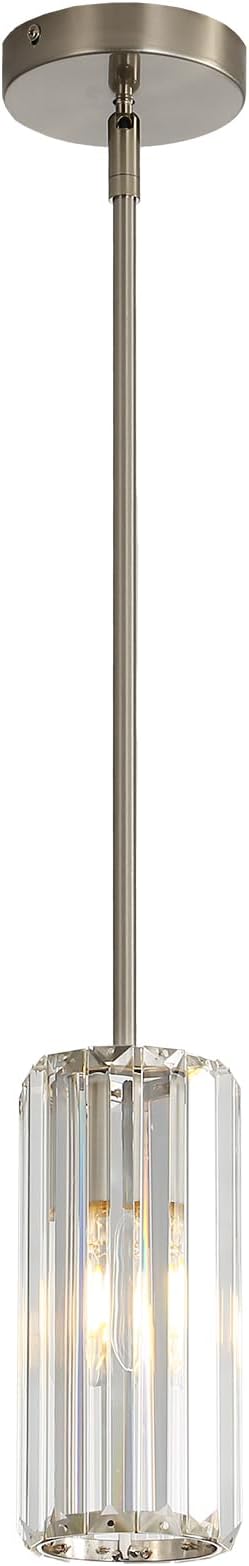 Modern Pendant Light for Kitchen Island, Brushed Nickel 1-Light Mini Crystal Chandelier with E26 Base, Small Hanging Luxury Fixture for Dining Room, Foyer and Hallway