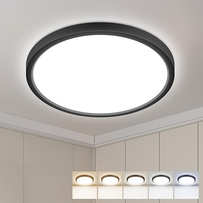 hepside LED Flush Mount Ceiling Light, 13Inch 24W LED Ceiling Lights Fixture,5 Color Temperatures in One,Ultra-Thin Flush Mount Light Fixture for Closet Bathroom Hallway Bedroom Laundry (Black)