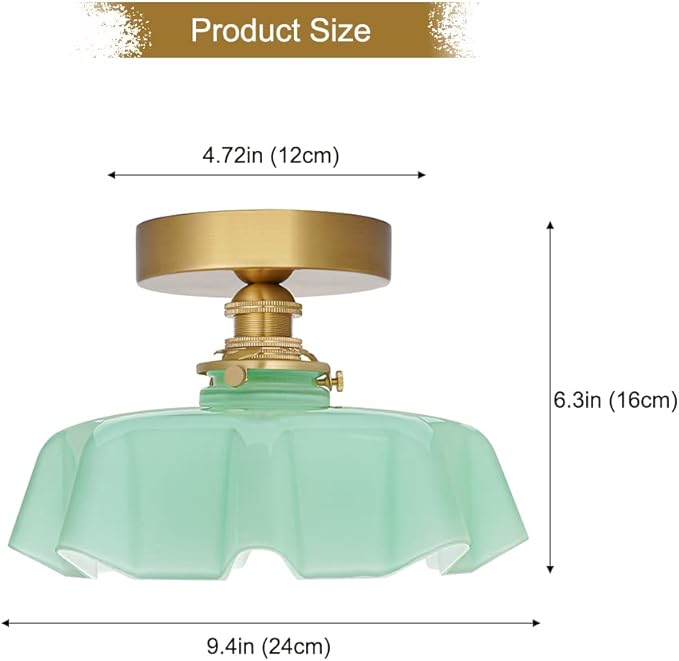 DSMJFU Brass Semi Flush Mount Ceiling Light, Cute Small Green Glass Flush Mount Ceiling Light, Porch Bathroom Lighting Fixtures with Flower Shape Glass for Closet Hallway Entryway