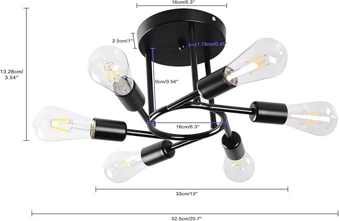 Finktonglan 6-Light Semi Flush Mount Ceiling Light, Matte Black Sputnik Ceiling Light Fixture, Modern Farmhouse E26 Chandelier for Kitchen, Dining Room, Living Room, Bedroom