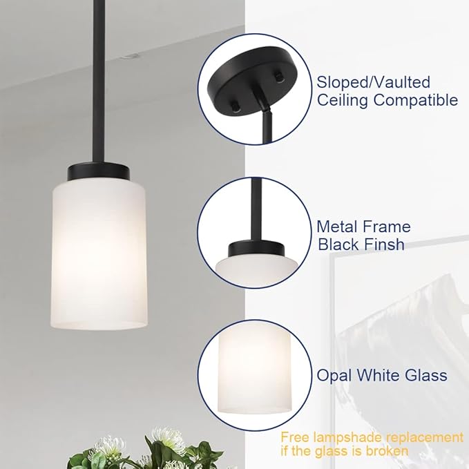 TODOLUZ Black Pendant Light Fixture with Opal White Glass, Farmhouse Mini Chandelier for Kitchen Island Hallway