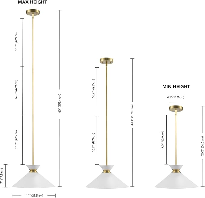 GLOBE Electric 1-Light Pendant Light, Matte Brass Finish, White Tapered Metal Shade with Ring Detail, Adjustable Rods, Dimmable, E26 Base, 67000197