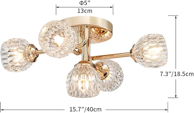 AGV LIGHTING Modern Ceiling Light, Sputnik Flush Mount Ceiling Light Fixture, G9 Base 5-Lights, D16 x H7, Clear Crystal & Shining Gold Finish Metal Frame