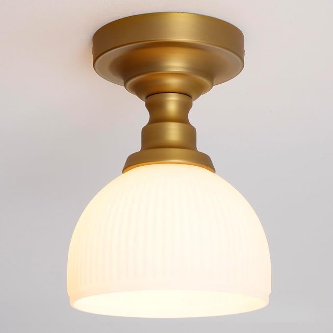 Modern Schoolhouse Semi Flush Mount Ceiling Light,Gold Brass Hand-Blown Glass Close to Ceiling Light Fixtures for Hallway Laundry Entryway Kitchen Bathroom Bedroom E26 Base