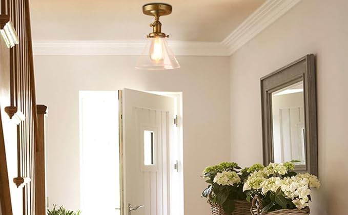 PERMO Modern Small Semi Flush Mount Ceiling Pendant Light Glass Ceiling Lights Hallway Fixtures with Funnel Glass Lampshade, 1-Light (Antique)