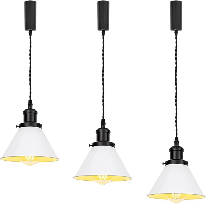 3Pcs Adjusted Wire Length H-Type Track Hanging Light 3.9 Ft Twisted Cord E26 Black Base Industrial Design White Metal Pendant Light Fixture for Loft Aisle Bar(No Bulb, Track)