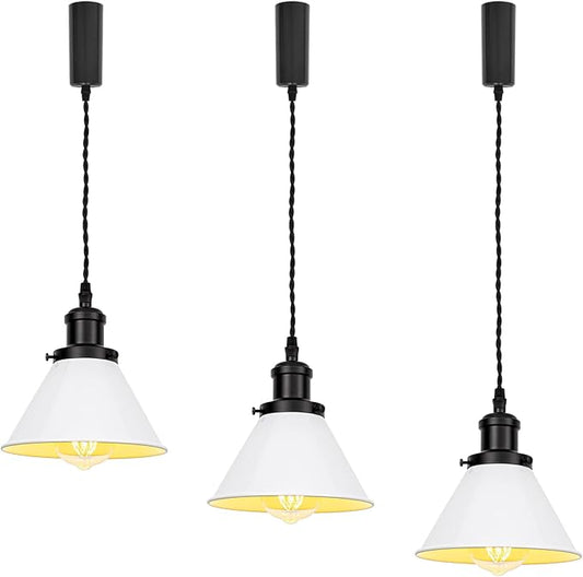 3Pcs Adjusted Wire Length H-Type Track Hanging Light 3.9 Ft Twisted Cord E26 Black Base Industrial Design White Metal Pendant Light Fixture for Loft Aisle Bar(No Bulb, Track)