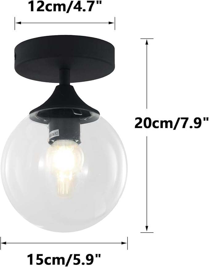 KCO Lighting 1-Light Small Clear Glass Globe Flush Mount Ceiling Light Industrial Matte Black Semi Kitchen Semi Flush Mount Ceiling Light Mid Century Hallway Ceiling Light Fixture