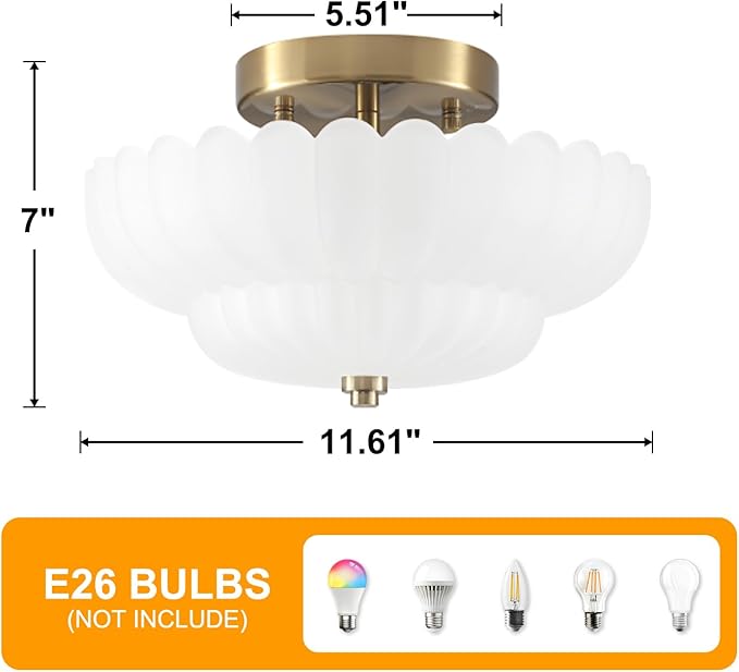Milk Glass Flush Mount Ceiling Light - 11.6” Brass Semi Flush Mount Ceiling Light Fixture with Milk Glass，Mid Century Close to Ceiling Light for Bedroom, Living Room, Hallway, Entryway