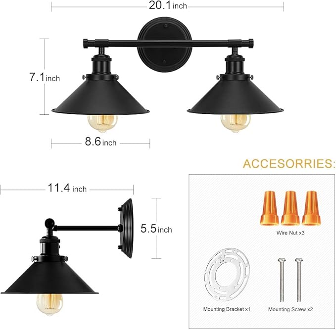 Bathroom Light Fixtures 2-Light Matte Black Farmhouse Vanity Lights for Bathroom Light Fixture, 20" Rustic Industrial Vanity Light Wall Sconce Lighting Fixtures over Mirror Cabin Kitchen Workshop Cafe
