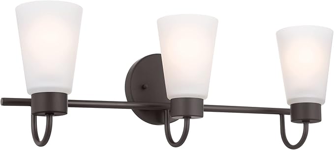 Kichler Erma 3-Light Bathroom Vanity Light Fixture with Satin Etched Glass Shades, Traditional Wall Mount Lighting over Mirror in Olde Bronze, 23 x 8.5 in, 45887NI