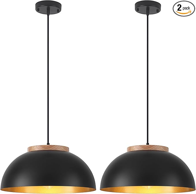 Large Pendant Lights, 16" Black Pendant Light for Kitchen Island, Farmhouse Pendant Light Fixtures for Dining Room, Living Room, Bedroom, Bar, Vintage Pendant Lamp with Wooden Holder, 2 Pack
