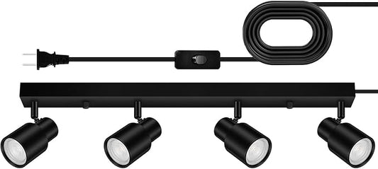 Plug in Track Lighting, 23" LED Track Lighting Fixtures Ceiling, Black 4 Way Spotlight, Rotatable Track Head, Plug in Ceiling Light with Power Cord, Plug Wall Light for Kitchen Hallway(GU10, NO Bulb)
