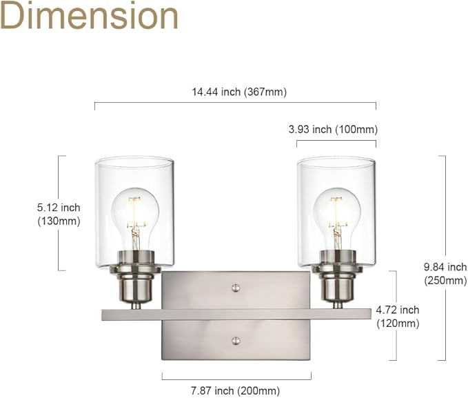 VINLUZ Modern Bathroom Vanity Light,2 Light Industrial Wall Sconces in Brushed Nickel Finish Indoor Metal Base Wall Mounted Fixture with Clear Glass Shade