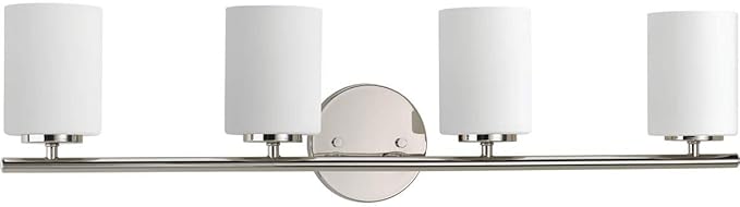 Progress Lighting Replay Collection 4 Light Bathroom Vanity Light, Modern Bath Lighting Fixture with Etched White Glass Shades for Over The Mirror, Reversible Mounting, Polished Nickel