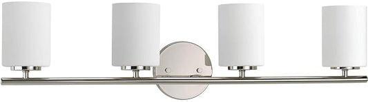 Progress Lighting Replay Collection 4 Light Bathroom Vanity Light, Modern Bath Lighting Fixture with Etched White Glass Shades for Over The Mirror, Reversible Mounting, Polished Nickel
