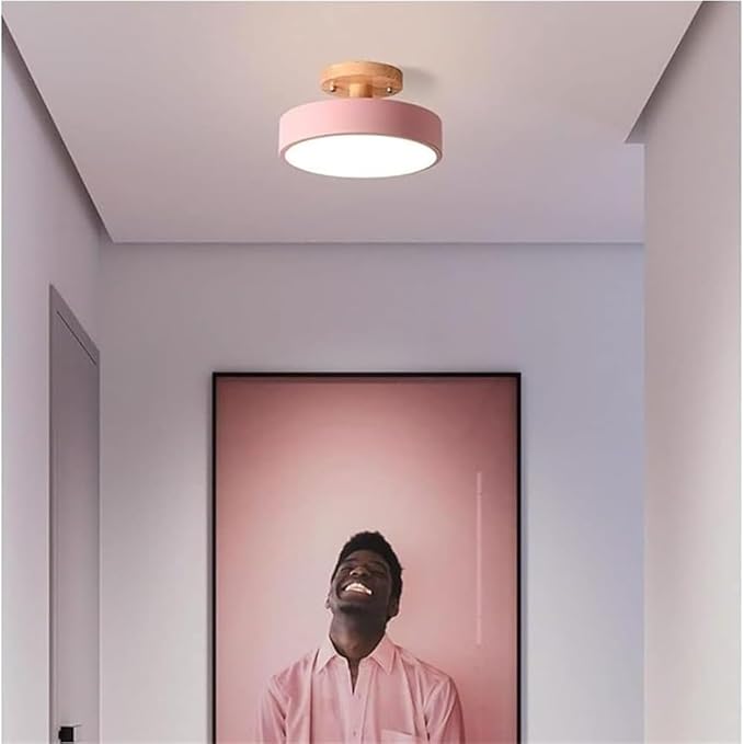 KISAD Nordic Modern and Minimalism Round Ceiling Lights Acrylic Shade Semi Flush Mount Ceiling Lamp Iron Frame Three-Color Mode Ceiling Light Fixture for Bedroom Living Room Entryway(Pink)