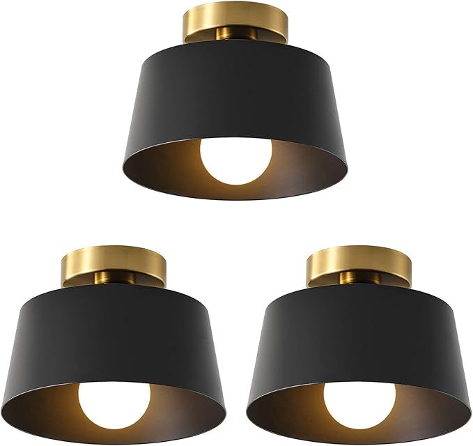 Ceiling Light Fixture, Hallway Ceiling Light with Gold Plate and Matte Black Shade, Modern Simple Style Porch Light Fixtures Semi Flush Mount (3 Pack Black)