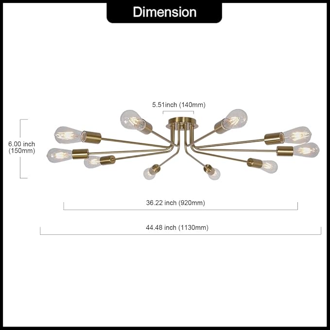 Kitchen Lighting Fixture Industrial Flush Mount Ceiling Light Mid Century 10 Light Sputnik Chandelier for Kitchen Dining Room Small Bedroom Living Room Brass Painted Metal Ceiling Lighting